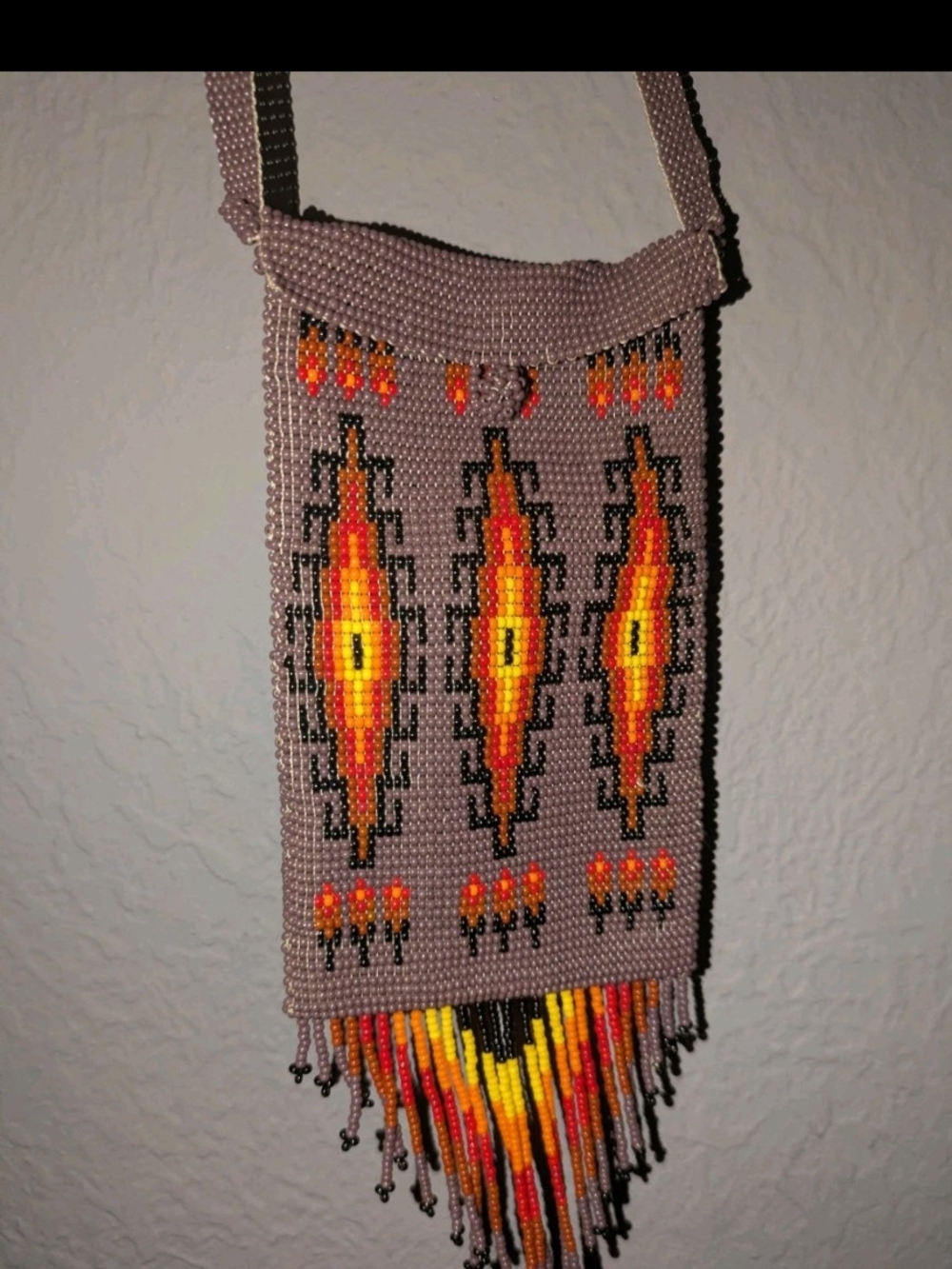 Handmade Beaded Fringe Crossbody Bag in Taupe with Orange & Yellow Accents